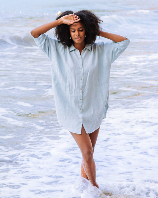 Lightweight Oversized Linen Tunic Shirt – Sky Blue Beach Cover-Up