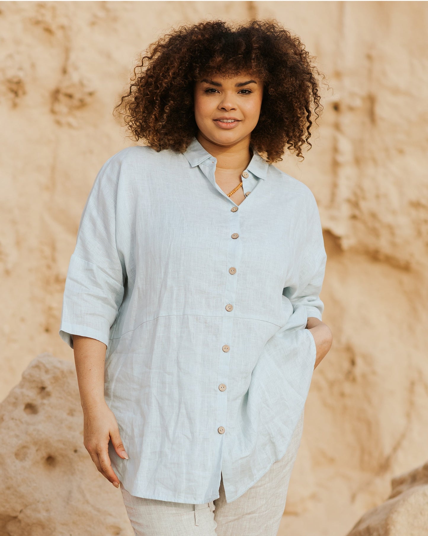 Lightweight Oversized Linen Tunic Shirt – Sky Blue Beach Cover-Up