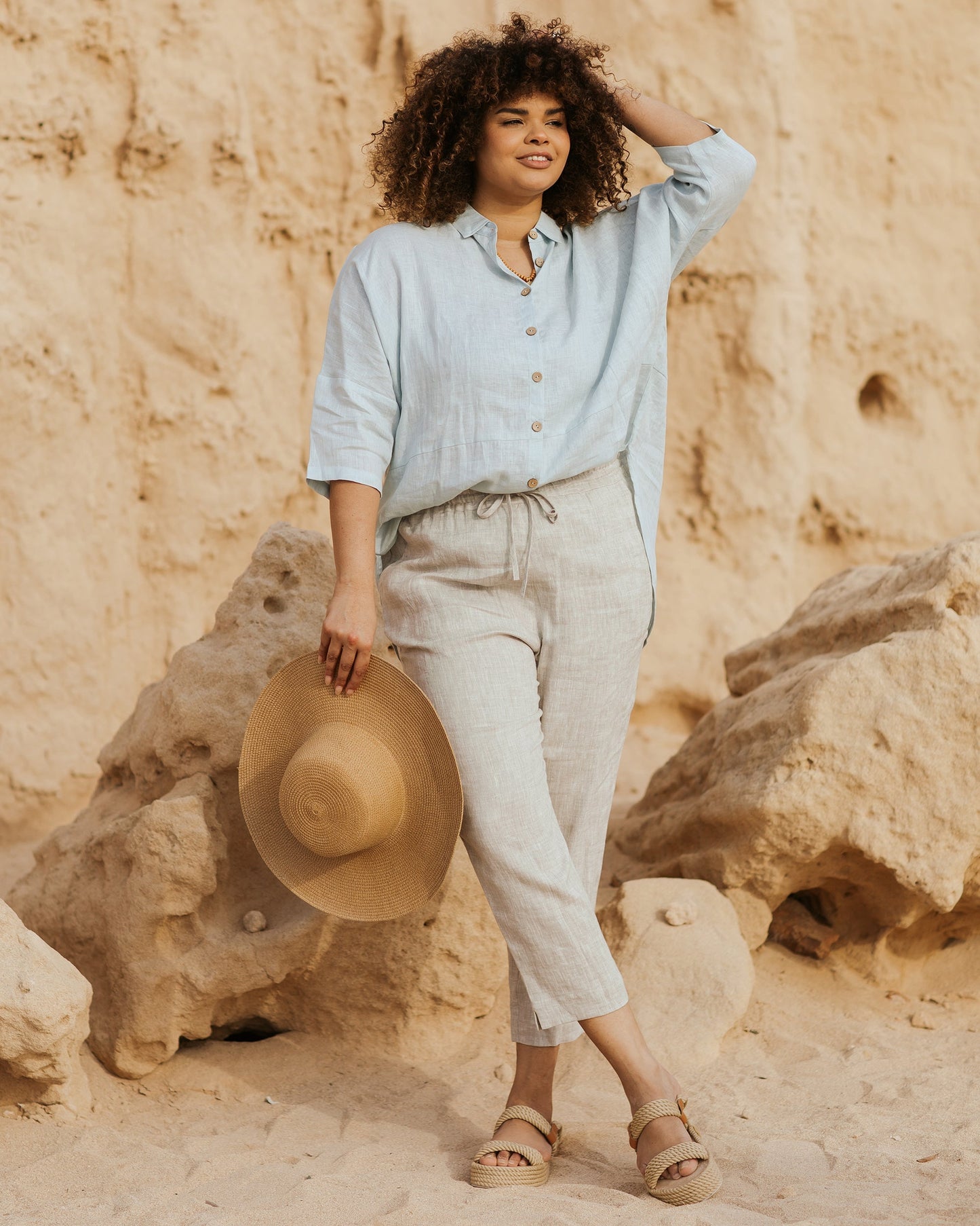 Lightweight Oversized Linen Tunic Shirt – Sky Blue Beach Cover-Up