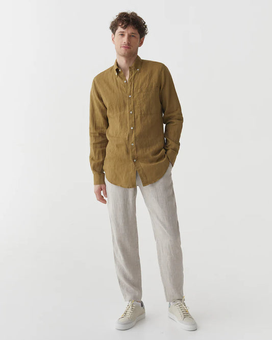 Khaki Long Sleeves Linen Shirt – Modern Fit, River Shell Button-Up