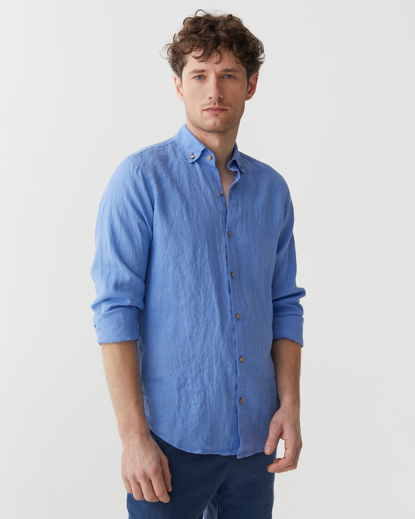 Men's Pacific Blue Linen Shirt, Lightweight Regular Fit with Button-Down Collar, Long Sleeve Casual Shirt 4