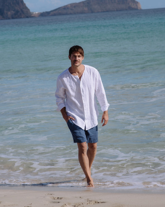 Men's White Linen Shirt, Relaxed Fit Long Sleeve Button-Up with Collarless Neck 1