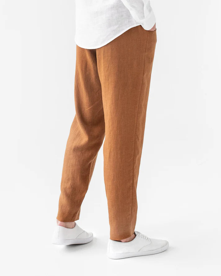 Natural Brown Linen Truckee Pants – Elastic Waist with Drawstring
