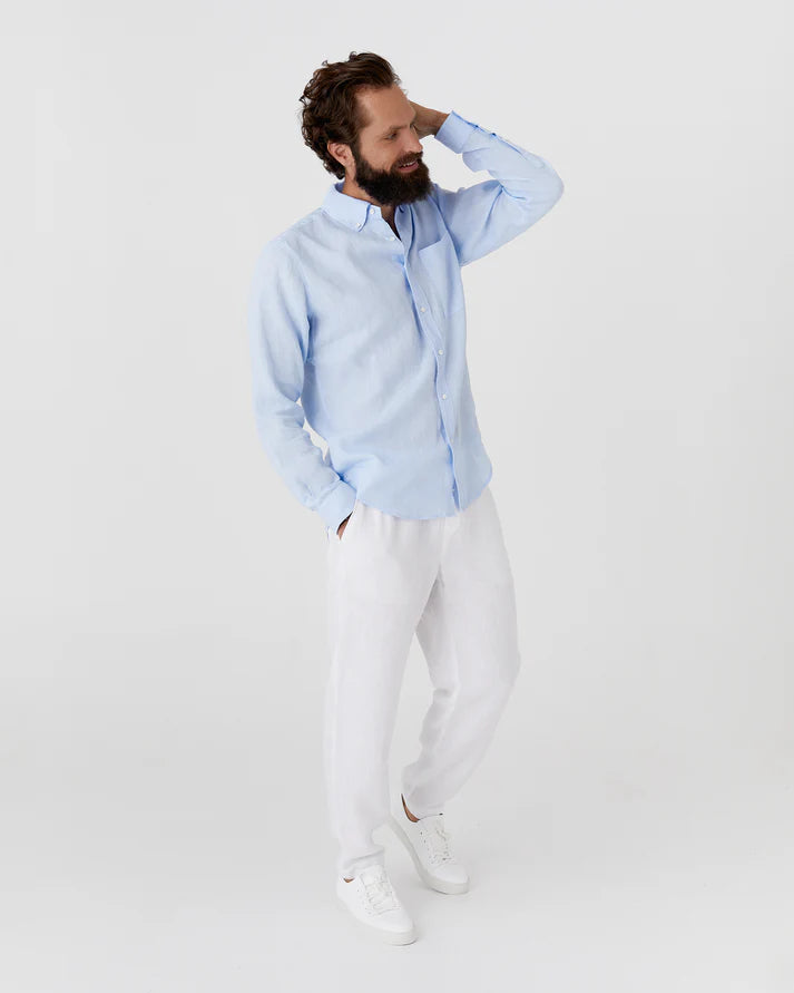Sky Blue Long Sleeves Linen Shirt – Modern Fit, River Shell Button-Up