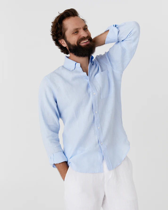 Sky Blue Long Sleeves Linen Shirt – Modern Fit, River Shell Button-Up