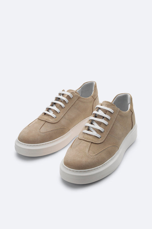Beige Suede Leather Lace-Up Sneakers - Flexible Sole
