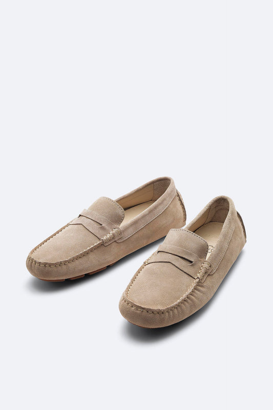 Beige Suede Penny Driver Loafers