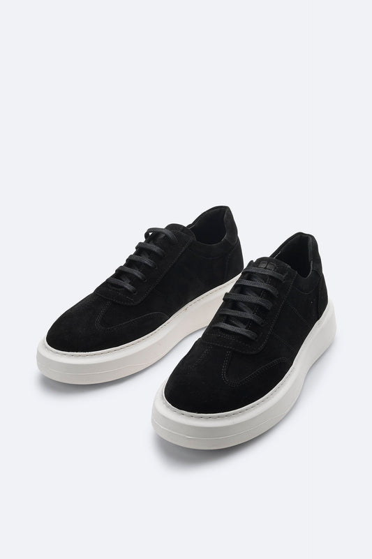 Black Suede Leather Lace-Up Sneakers - Flexible Sole