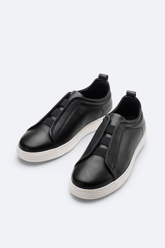 Black Leather Sneakers with Elastic Slip-On Design