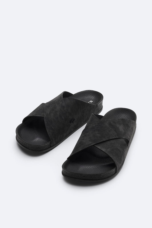 Black Cross-Strap Vegan Leather Sandals