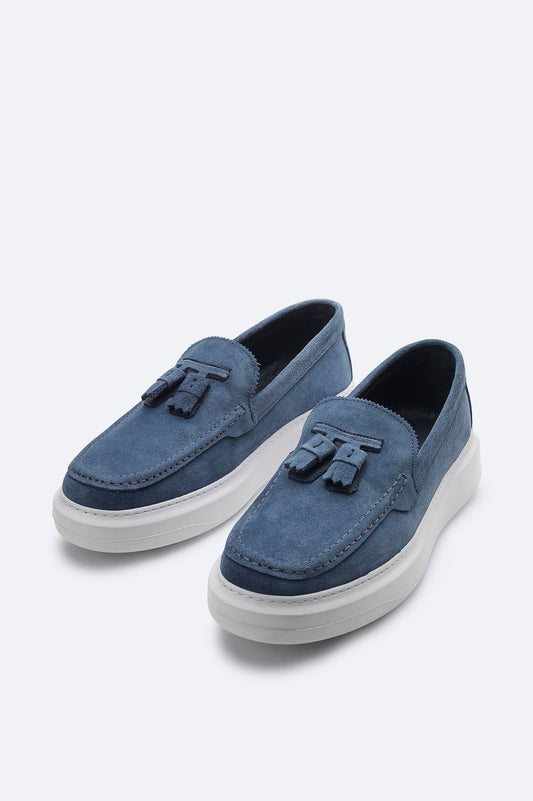 Blue Suede Tassel Loafers with Leather Lining