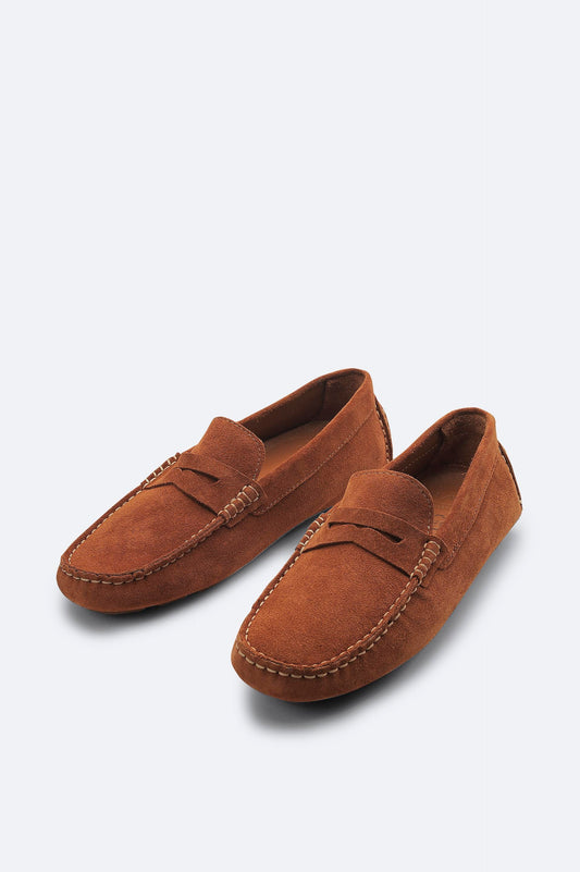 Brown Suede Penny Driver Loafers