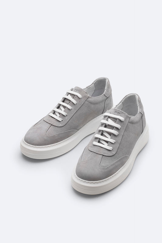 Gray Suede Leather Lace-Up Sneakers - Flexible Sole