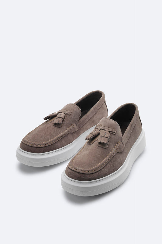 Taupe Suede Tassel Loafers with Leather Lining