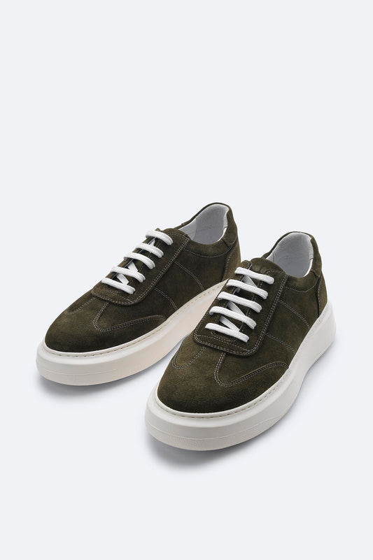 Olive Suede Leather Lace-Up Sneakers - Flexible Sole
