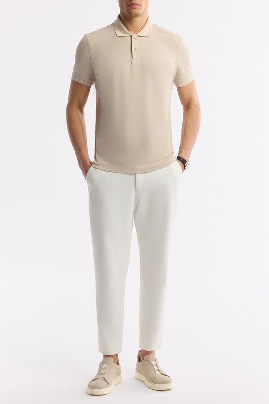 Beige Cotton Polo T-shirt – Anti-Curl Collar
