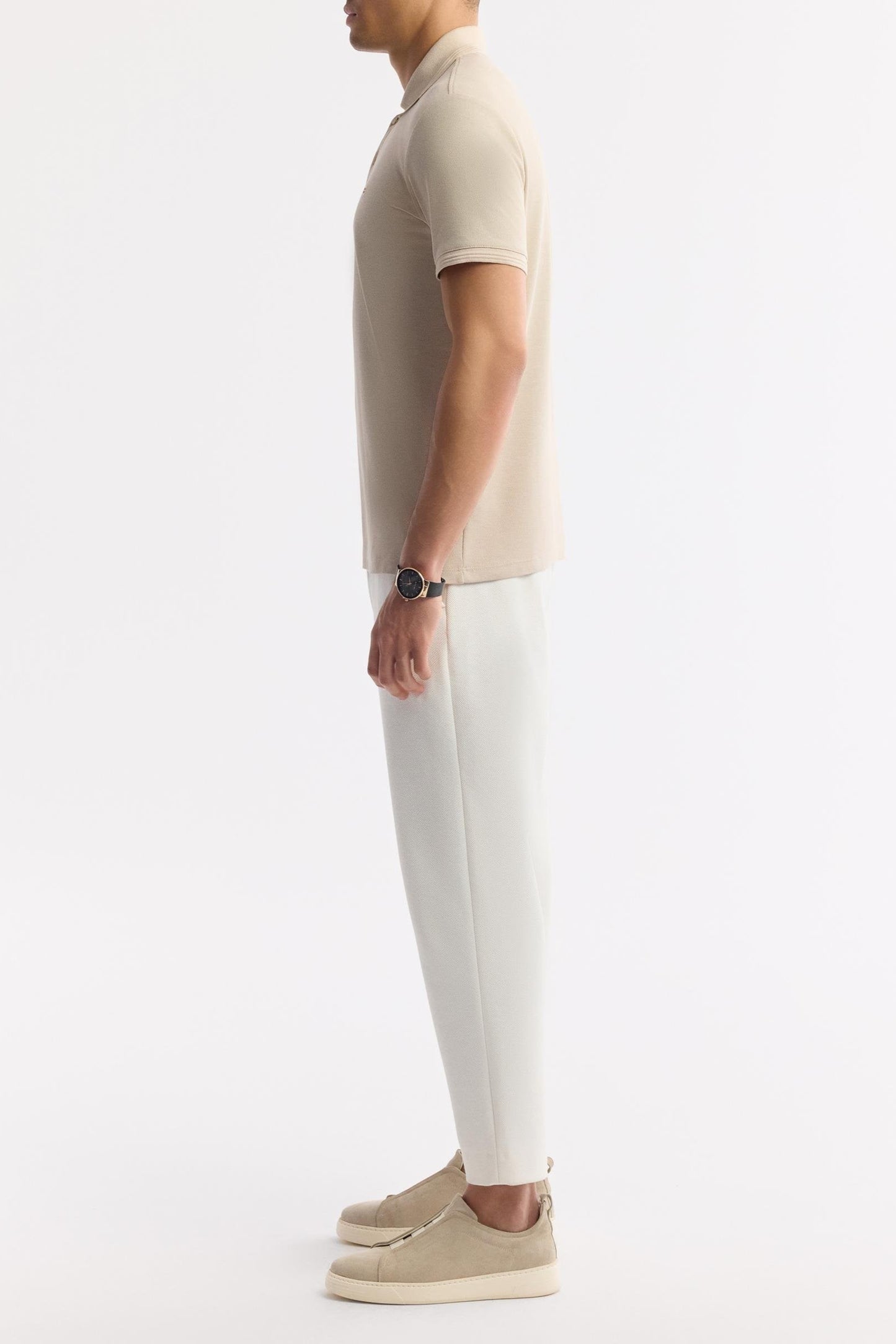 Beige Cotton Polo T-shirt – Anti-Curl Collar