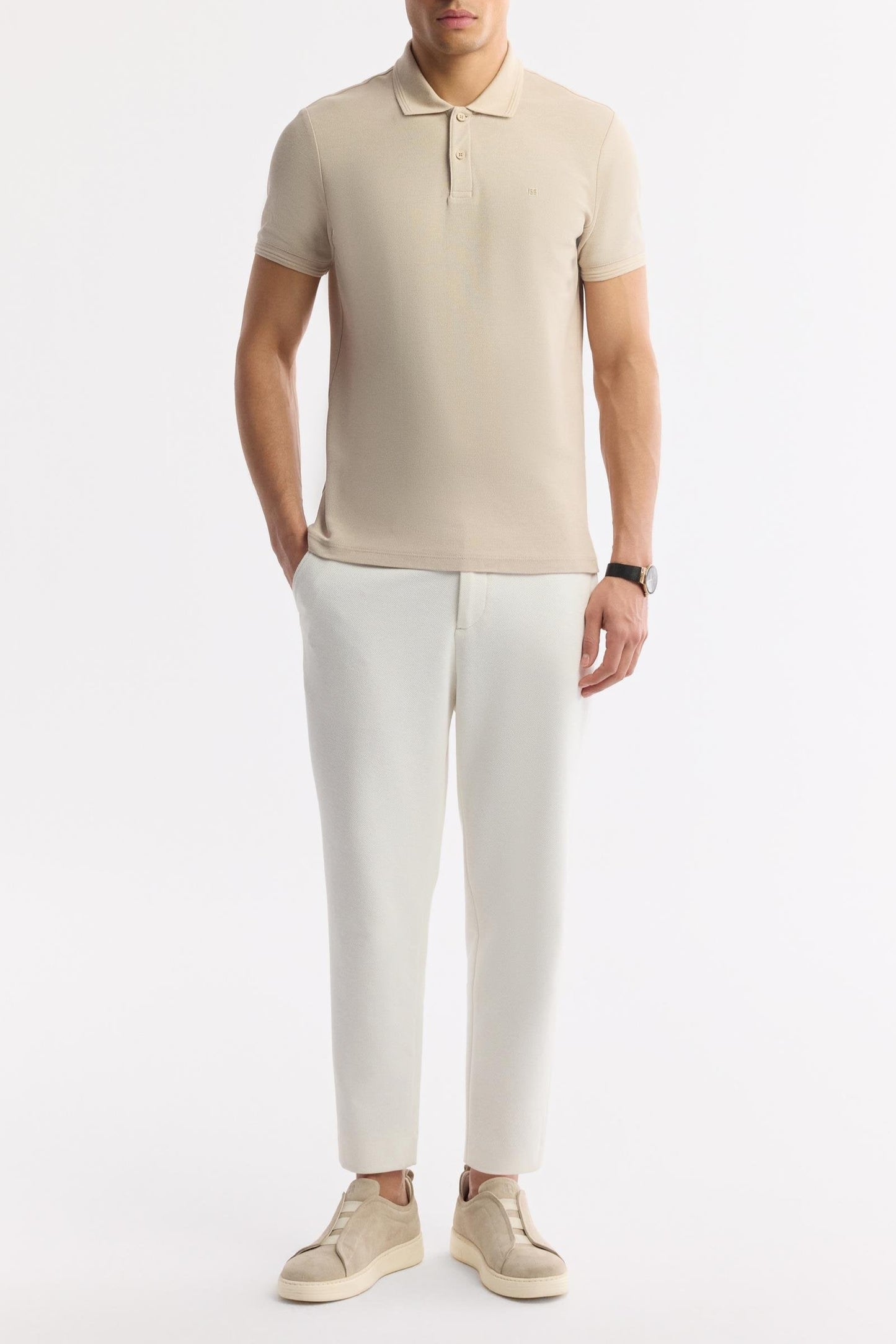 Beige Cotton Polo T-shirt – Anti-Curl Collar