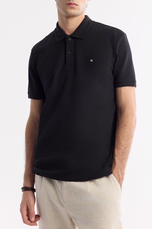 Black Cotton Polo T-shirt – Anti-Curl Collar
