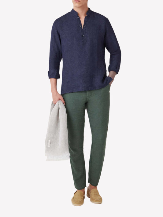 Navy Blue Linen Popover Shirt – Grandad Collar