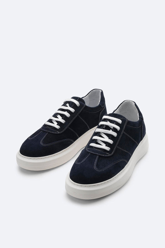 Navy Suede Leather Lace-Up Sneakers - Flexible Sole