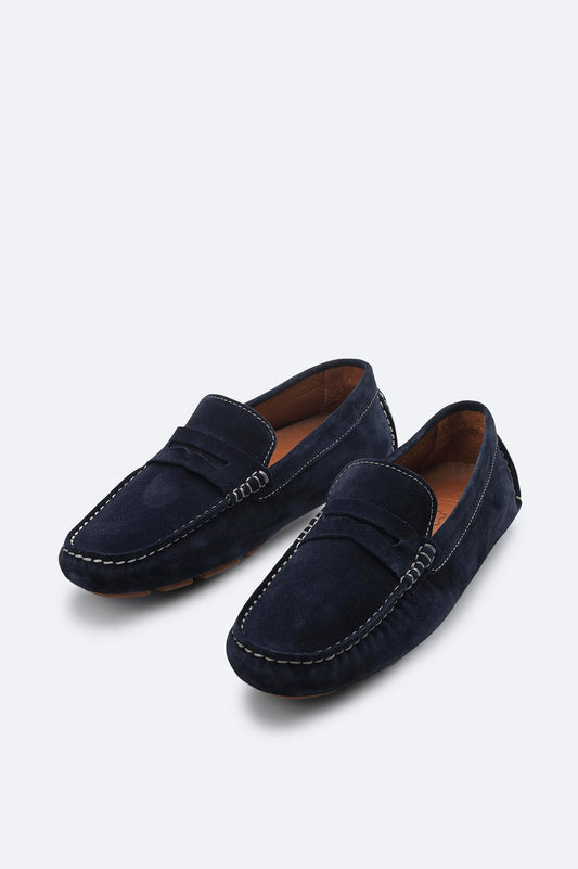 Navy Blue Suede Penny Driver Loafers