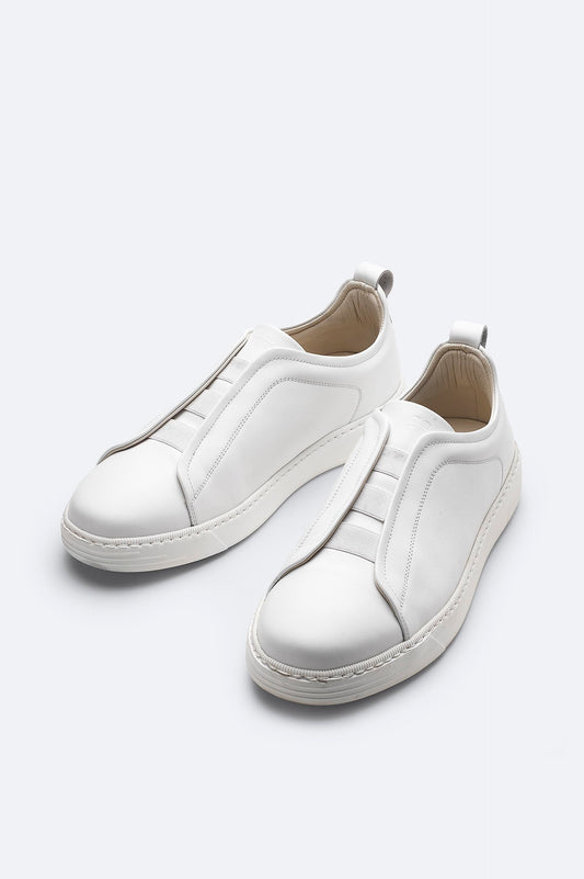 White Leather Sneakers with Elastic Slip-On Design