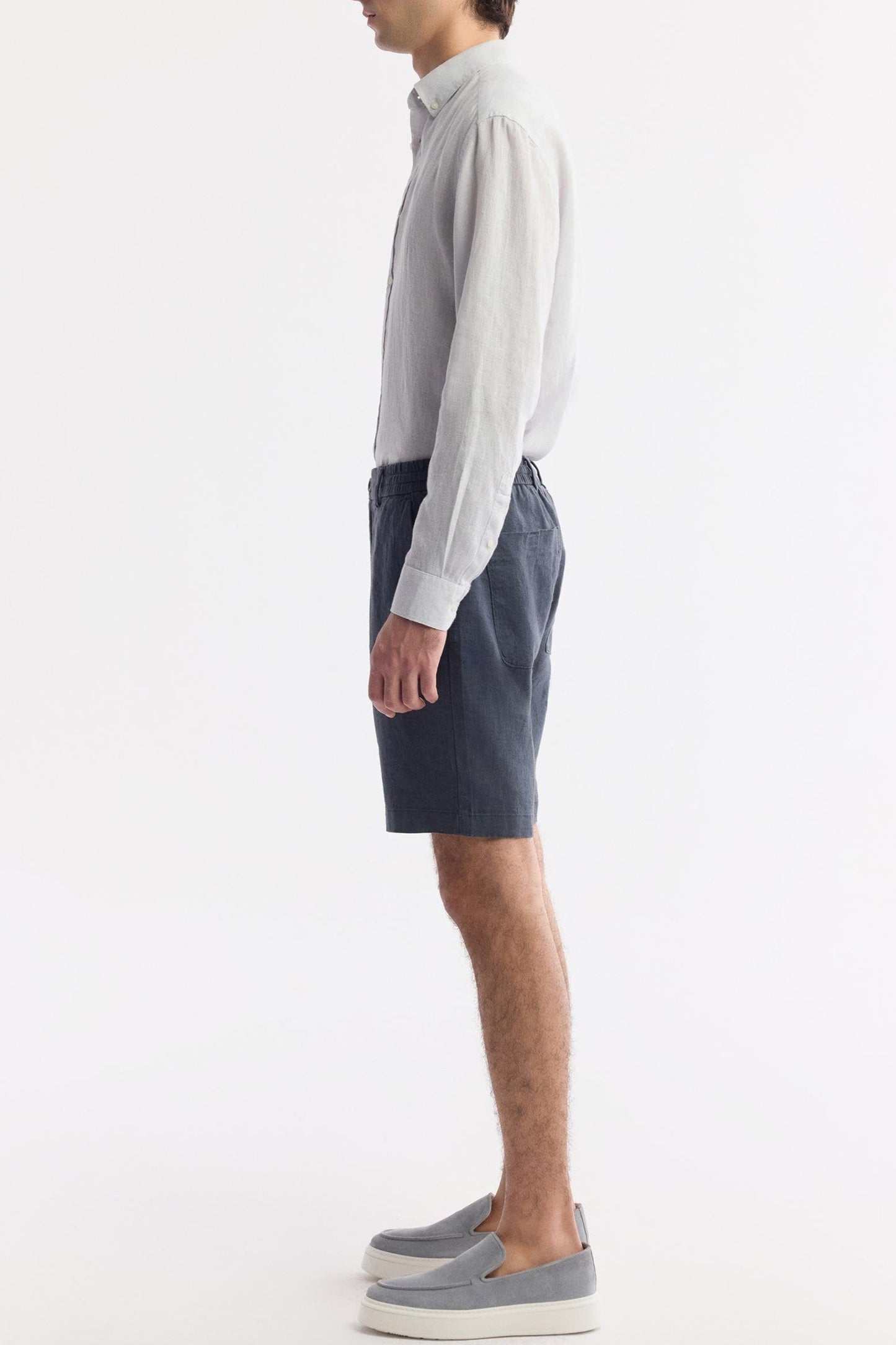 Side profile view of Swiftyle Anthracite Linen Shorts