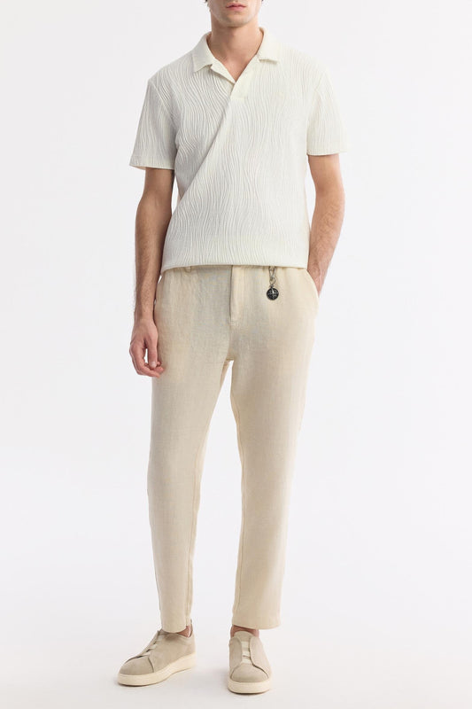 Mens beige linen pants with relaxed fit and drawstring waistband comfortable summer casual wear