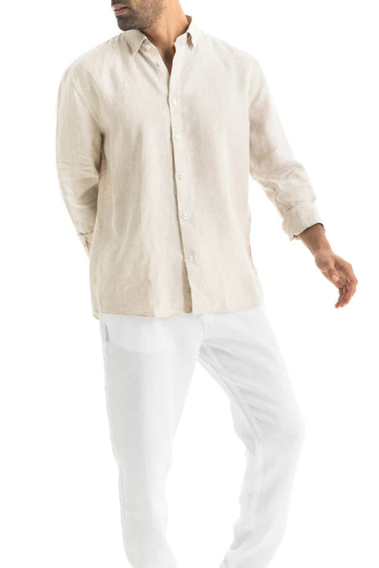 Men's Beige Linen Shirt, Soft Breathable Fabric, Relaxed Fit for Summer Style 2