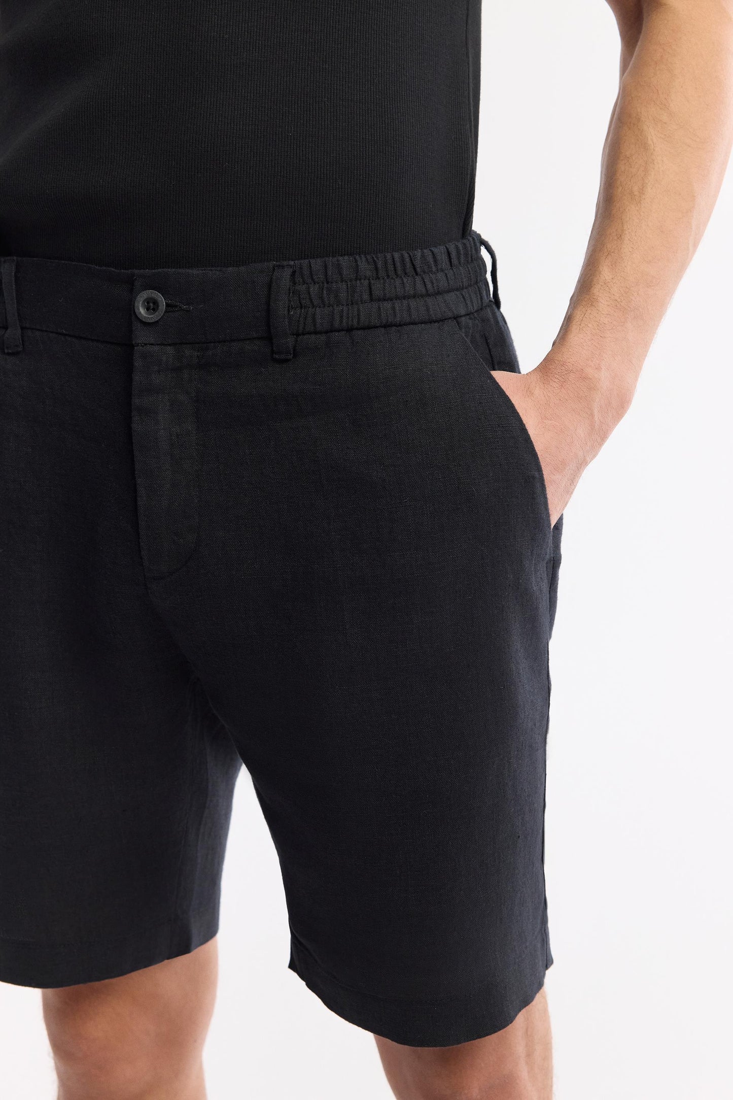 Close-up detail of the waistband and front button of black linen shorts