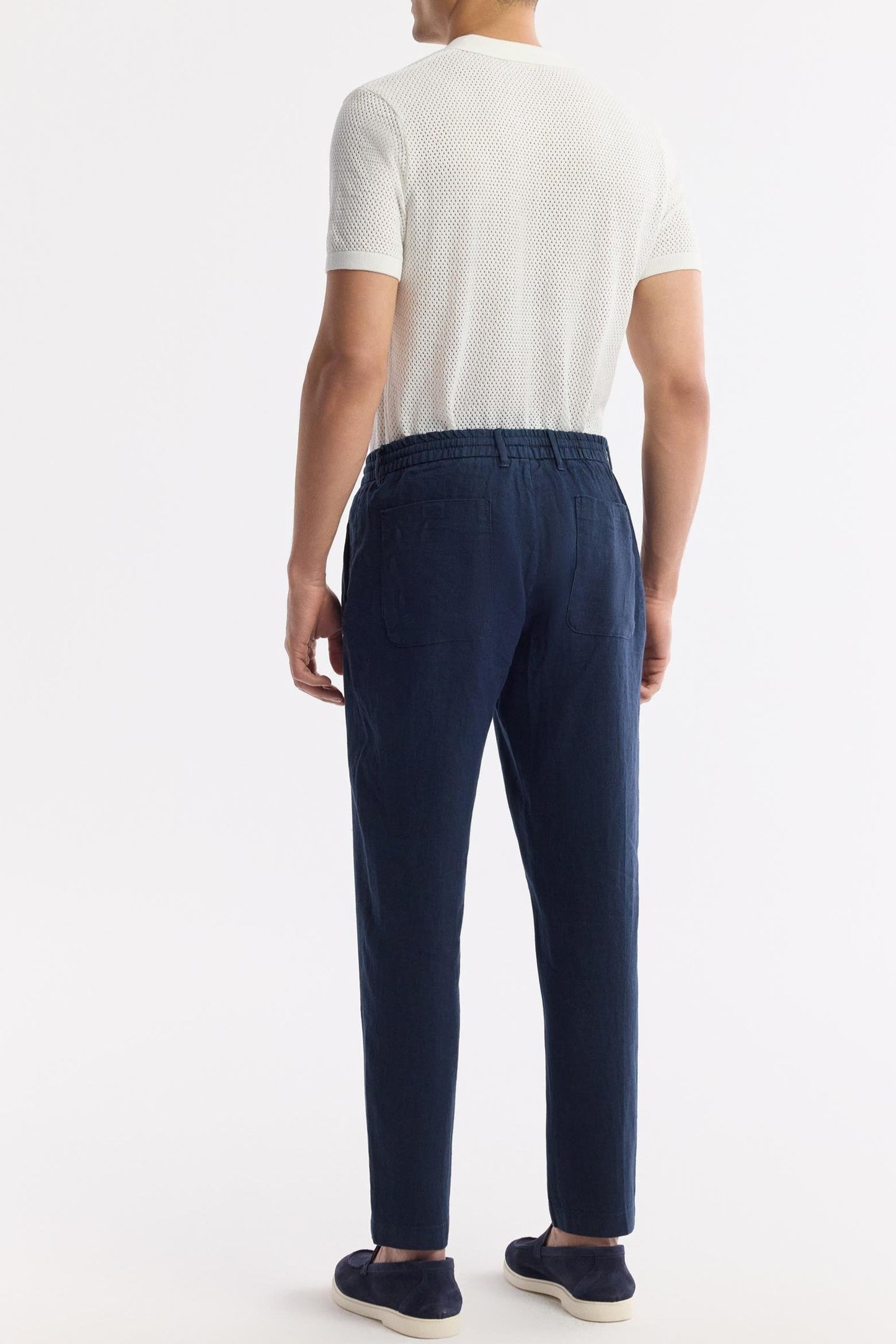 Back look at Swiftyle Blue Linen Pants with elastic waistband detail
