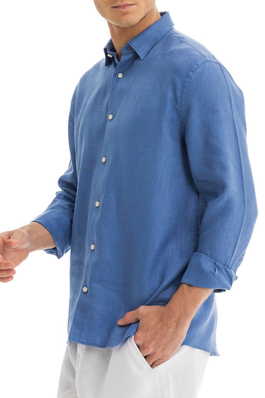 Men's Blue Linen Shirt with Hidden Collar – Relaxed Fit, Premium Breathable Fabric for Comfort and Style 2