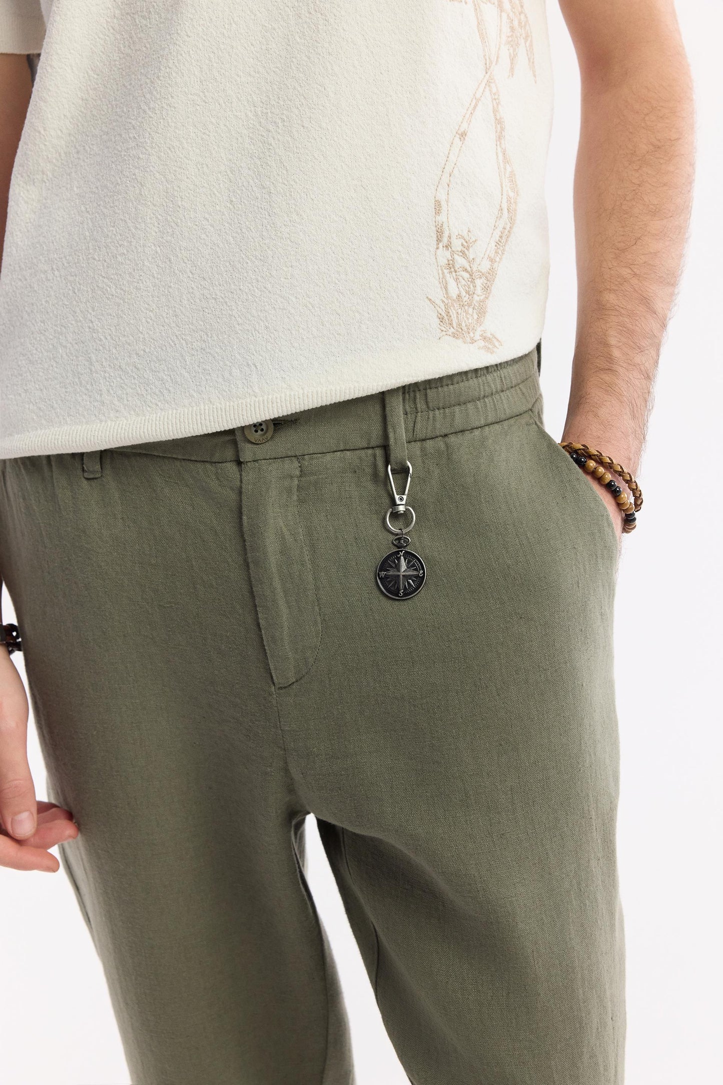 Close-up showing button, waistband, and fabric texture