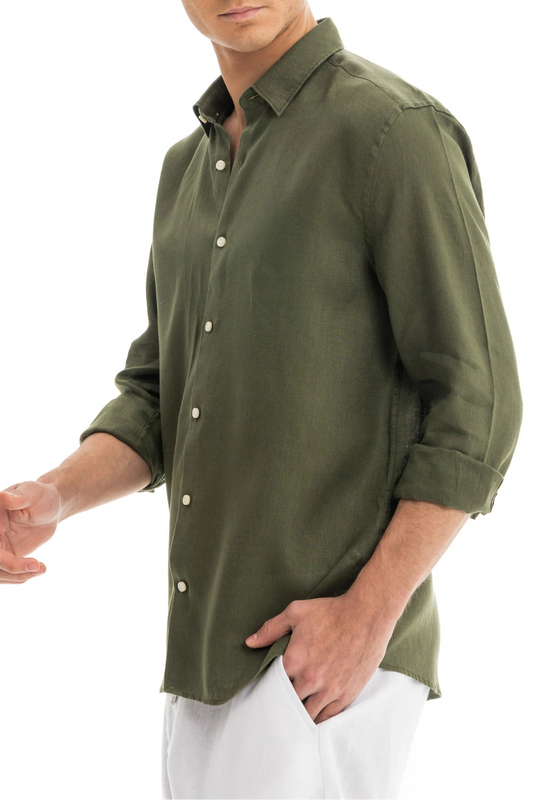 Men's Olive Linen Shirt - 100% Pure Washed Linen, Relaxed Fit, Breathable Summer Wear 2