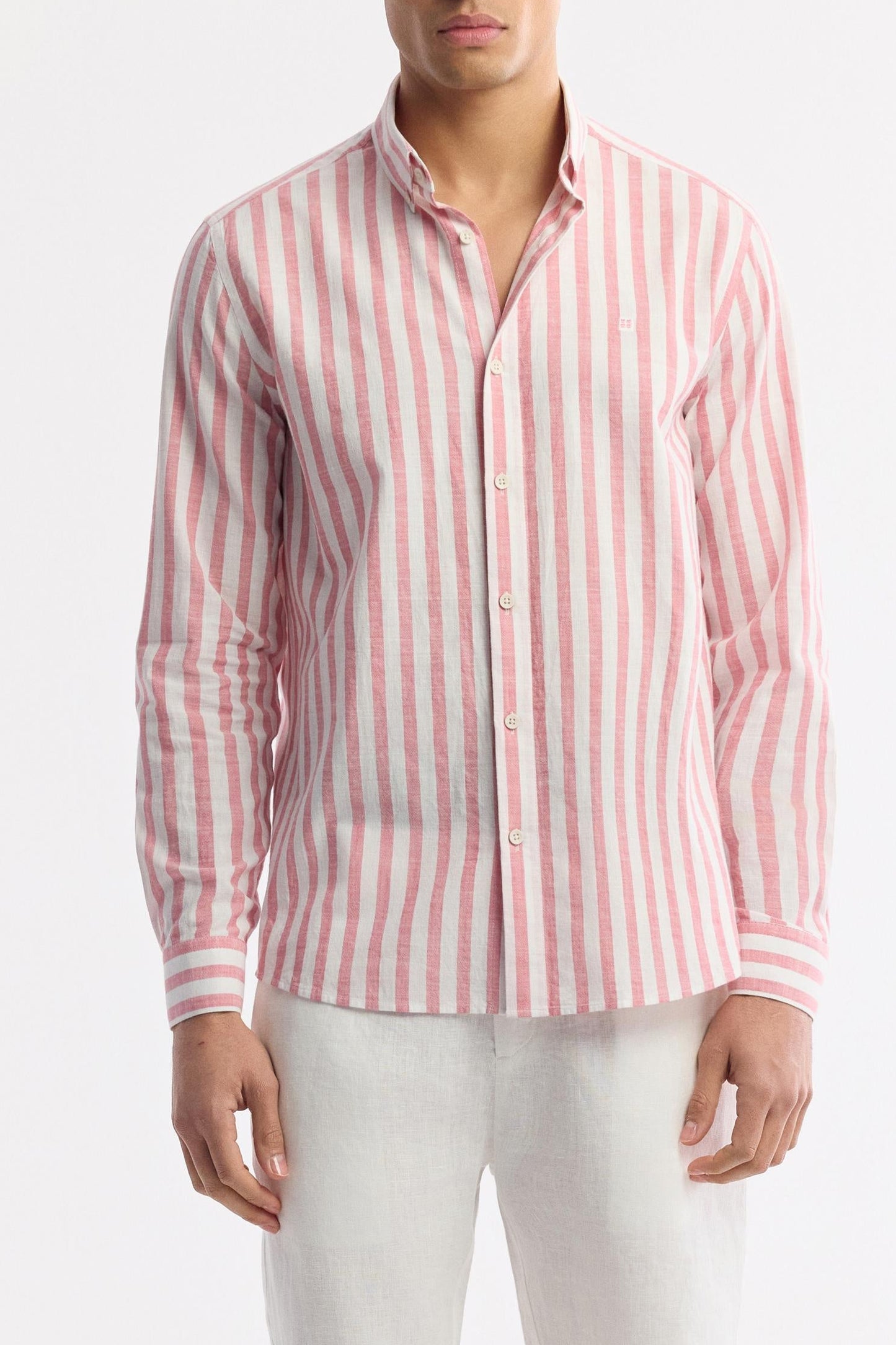 Detail of collar and stripe texture – pink cotton shirt