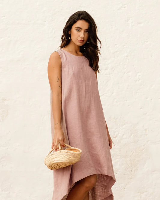 Pink Linen High-Low Dress – Sleeveless with Coconut Button