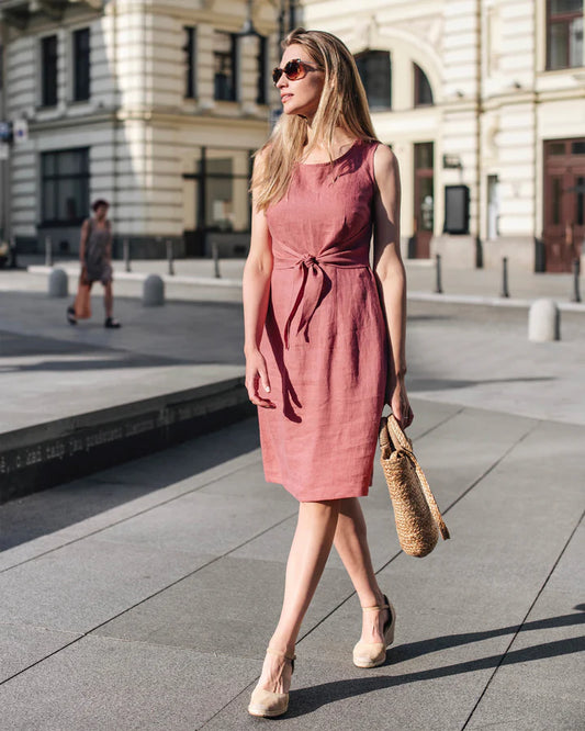 Rose Gold Linen Tie-Front Flare Dress