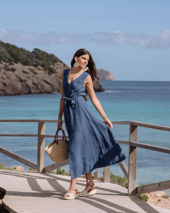 Deep Navy Linen Midi Dress Sleeveless A-Line with Tie Waist | Swiftyle Deep Navy Linen Midi Dress Sleeveless A-Line with Tie Waist | Swiftyle