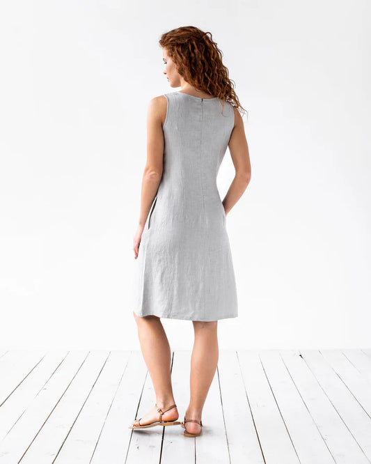 Light Gray Linen Tie-Front Flare Dress