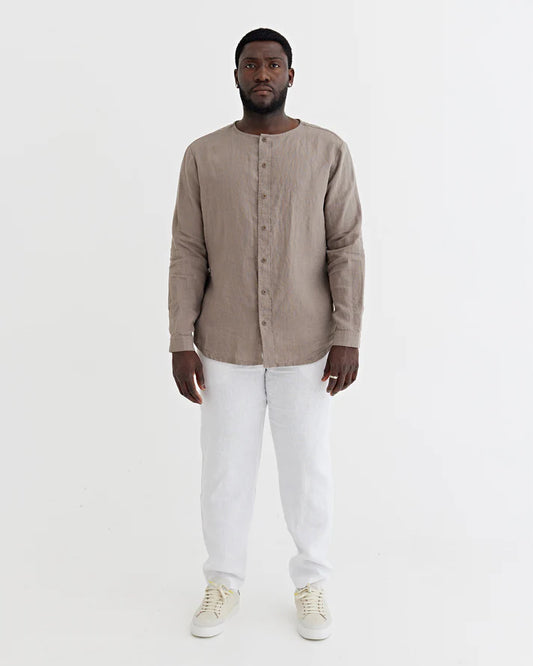 Taupe Collarless Long Sleeve Linen Shirt – Relaxed Fit