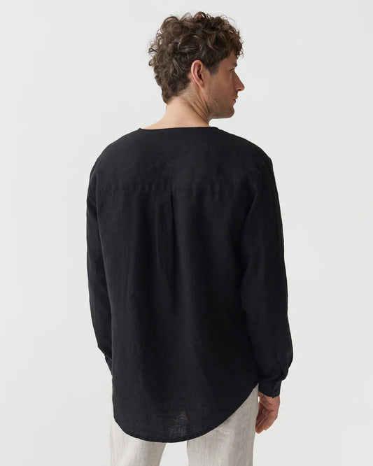 Black Collarless Long Sleeve Linen Shirt – Relaxed Fit
