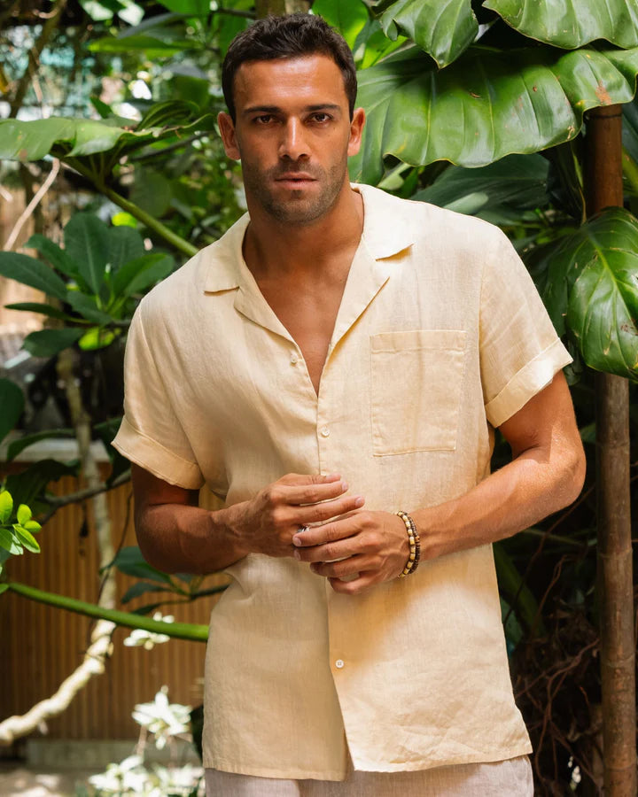 Men's Beige Shirt Short Sleeve Camp Collar | 100% Egyptian Linen | Swiftyle Men's Beige Shirt Short Sleeve Camp Collar | 100% Egyptian Linen | Swiftyle