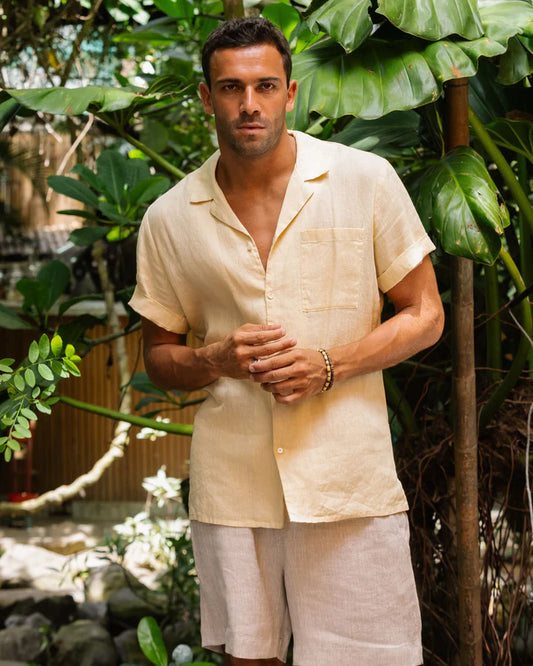 Beige Short Sleeves Linen Shirt – Camp Collar