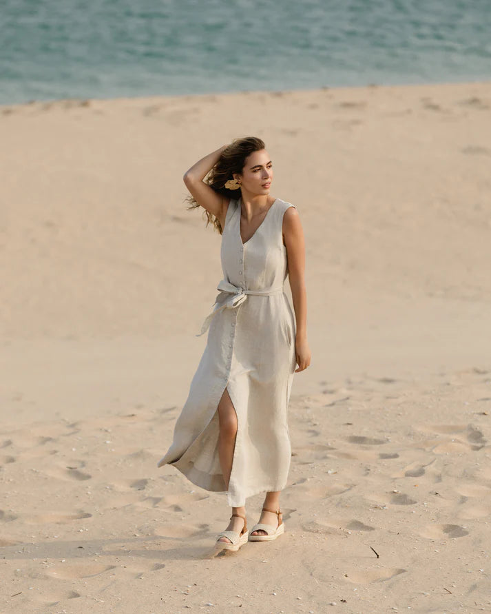 Natural Stone Linen Midi Dress – Sleeveless A-Line with Tie Waist