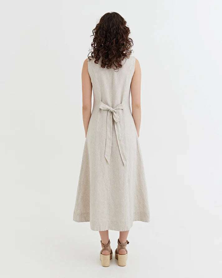Natural Stone Linen Midi Dress – Sleeveless A-Line with Tie Waist