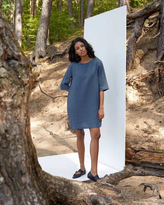 Deep Navy Trapeze Linen Tunic Dress for Women – 3/4 Sleeve, Pockets
