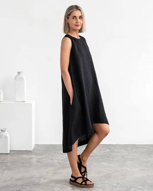 Black Linen High-Low Dress – Sleeveless with Coconut Button