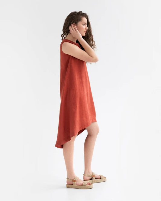 Coral Linen High-Low Dress – Sleeveless with Coconut Button