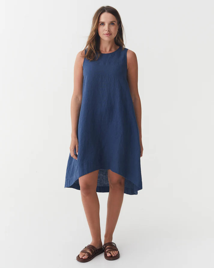 Deep Navy Linen High-Low Dress – Sleeveless with Coconut Button